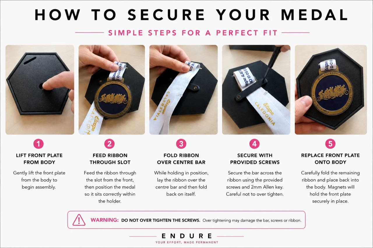 Five-step illustrated guide showing how to secure a medal in the Made by Endure magnetic medal mount